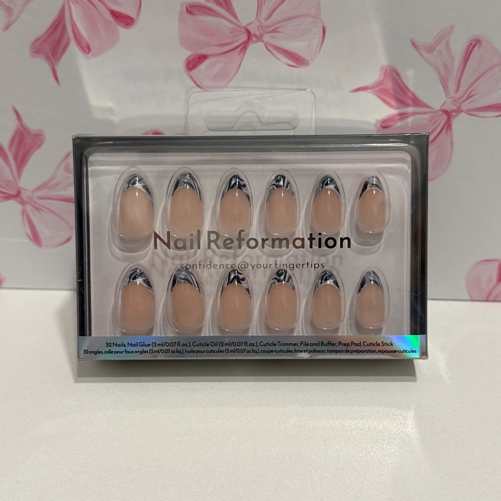 Nail Reformation 32 Press On Nails Kit Almond Zebra French Tip Nude Black White